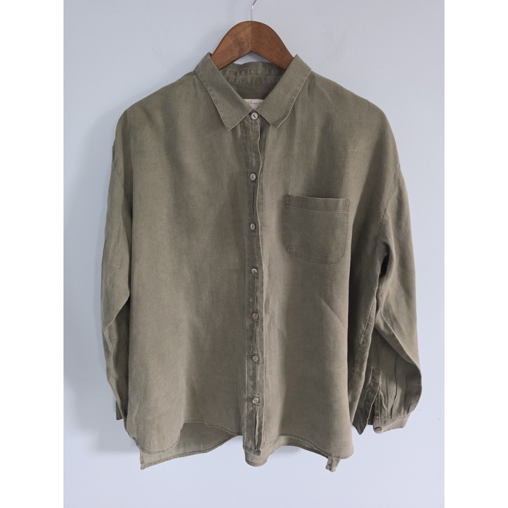 J.Jill Love Linen Button Up Shirt 100% Linen Olive Green Long Sleeve L - Picture 2 of 5